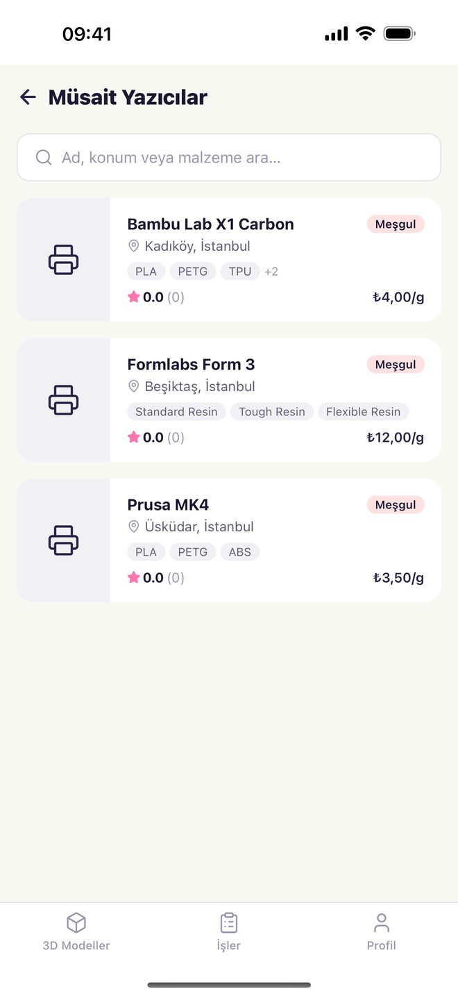 Uygulamadaki müsait yazıcılar listesi