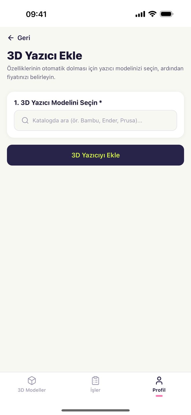Uygulamada 3D yazıcı ekleme ekranı